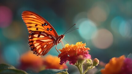 Vibrant Gulf Fritillary butterfly perched delicately atop bright orange blossoms