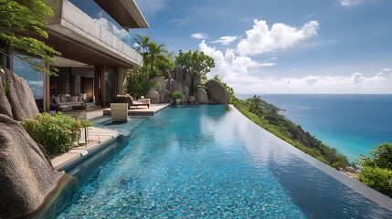 Luxury oceanfront villa with an infinity pool merging into the tropical seascape