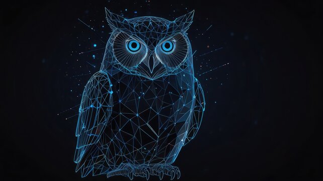 Digital illustration of an owl formed by blue lines and dots on a dark background.