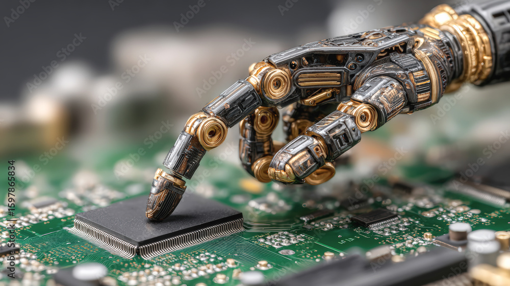 Poster robotic hand interacts with computer circuit board, showcasing advanced technology and artificial in