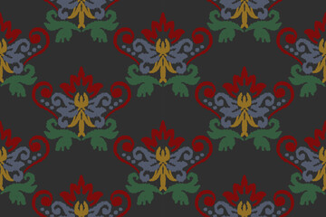Embroidered Ikat flower pattern on a black background. Traditional ethnic ikat, Aztec abstract vector pattern, seamless pattern in tribal, folk embroidery and Mexican style.