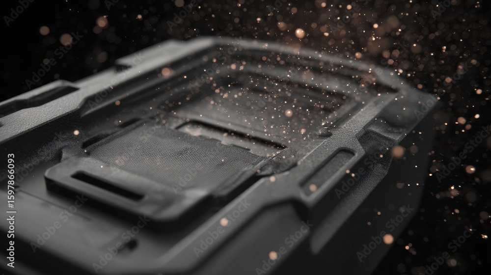 Poster precision close up animation revealing battery pack connector nestled within biodegradable starch fo