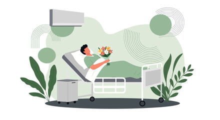 Man Recovering In Hospital With Bouquet Flowers Minimalist Illustration