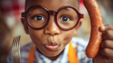 Kids lunch and processed meat, Young boy wearing glasses is excitedly holding fork and sausage, showcasing joyful expression