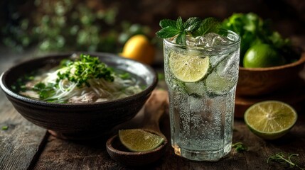 Fototapeta premium Refreshing pho soup and iced water