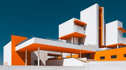 contemporary white building with orange accents and clean straight lines