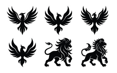 Obraz premium Vector art of mythical phoenix birds and majestic lions in silhouette