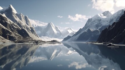 Reflections of majestic snow-capped mountains on a serene lake under a cloudy sky