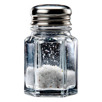 A clear crystal salt shaker with metallic top, side-lit to reveal subtle scratches, internal salt granules, and transparent refraction, isolated on transparent background. --v 7.0 --s 250 --raw