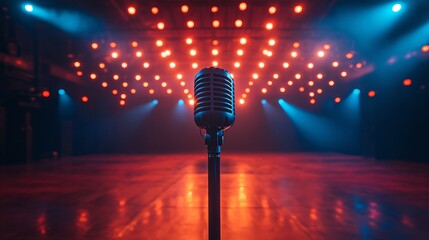 corporate event stage setup with spotlight and microphone, no people, ambitious tone, clean design elements, ultra-detailed, frontal angle