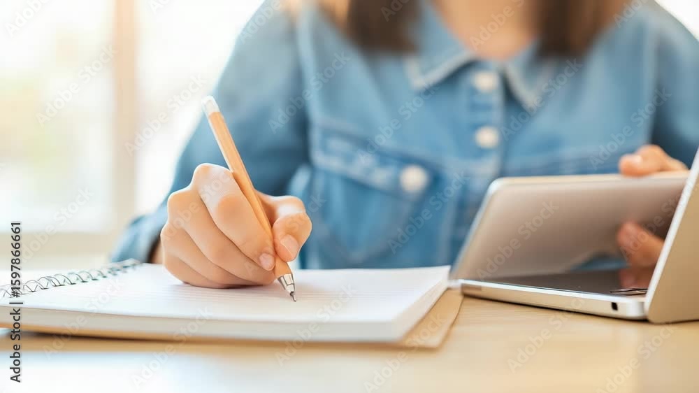 Poster close up of student hand writing on notebook with pencil while using tablet for online learning, hig