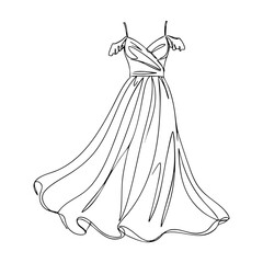 Flowy dress illustration in vector line art style, romantic fashion sketch, Coquette Aesthetic clothing design