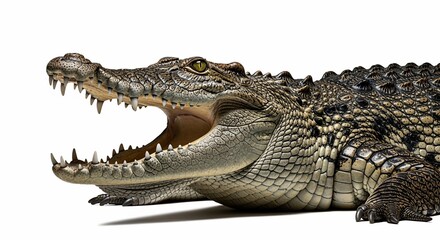 Obraz premium Menacing Crocodile Portrait: Open Mouth, Sharp Teeth, Detailed Scales on White