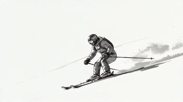 Monochrome Animation of a Skier Carving Down a Snowy Mountain Slope with Artistic Flourishes