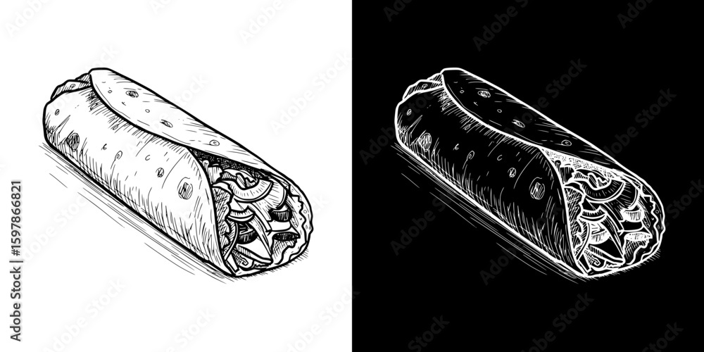 Poster chalk drawing of a burrito design, isolated hand-drawn vector image in two design variants - on tran