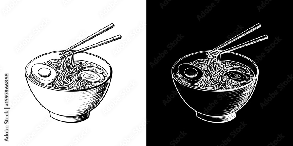 Aufkleber isolated vector image of noodle bowl with chopsticks, isolated hand-drawn vector image in two design