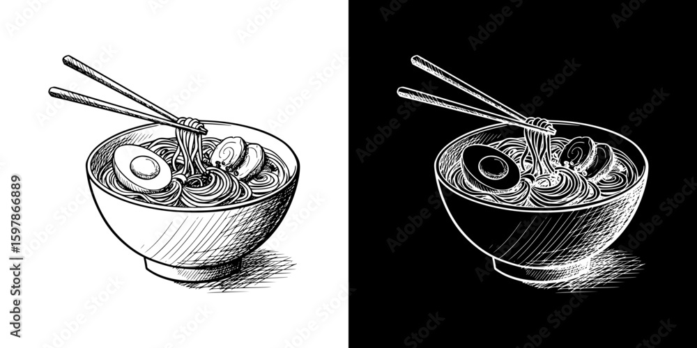 Poster ramen bowl with eggs and chopsticks in chalk drawing style, isolated hand-drawn vector image in two 