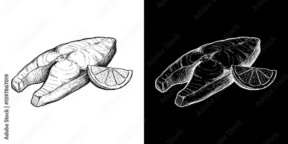 Poster isolated vector image of salmon steak with lemon, hand-drawn image in two design variants - on trans