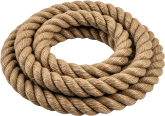 Thick braided jute rope coiled into a circular shape isolated on black transparent background