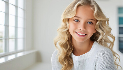 A cute teenage girl with curly blonde hair sits in a room with large windows.