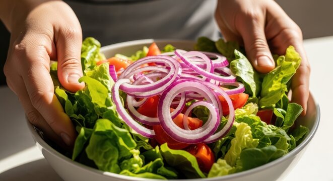 A person's hands hold a white bowl of fresh garden salad with lettuce, tomatoes, and sliced red onions.