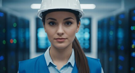 Confident IT engineer in server room wearing hardhat. Perfect for showcasing data management, cybersecurity solutions, or illustrating careers in technology. Leadership, innovation.