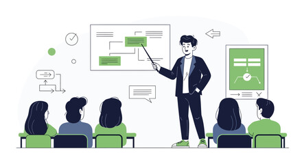 Business Training Presentation By Trainer In A Seminar With Attending People