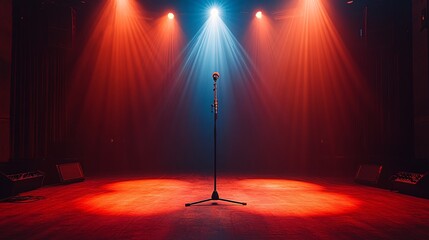 corporate event stage setup with spotlight and microphone, no people, ambitious tone, clean design elements, ultra-detailed, frontal angle