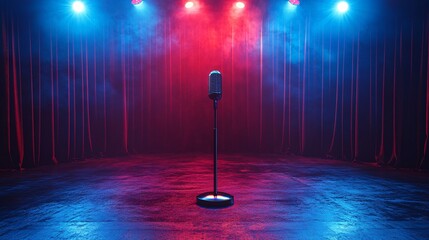 corporate event stage setup with spotlight and microphone, no people, ambitious tone, clean design elements, ultra-detailed, frontal angle