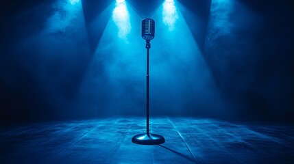 corporate event stage setup with spotlight and microphone, no people, ambitious tone, clean design elements, ultra-detailed, frontal angle