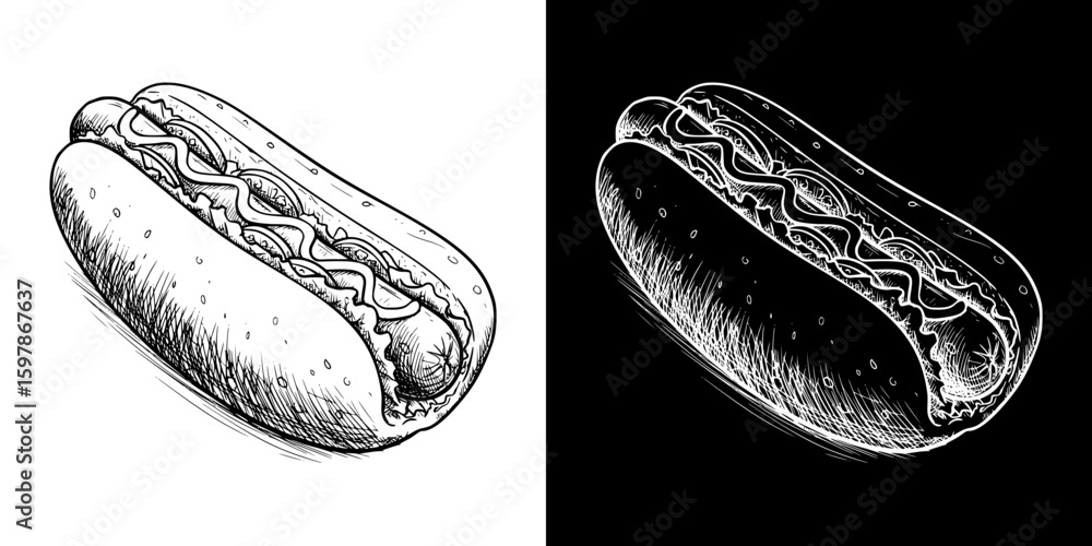 Poster chalk drawing of hot dog, isolated hand-drawn vector image in two design variants - on transparent a