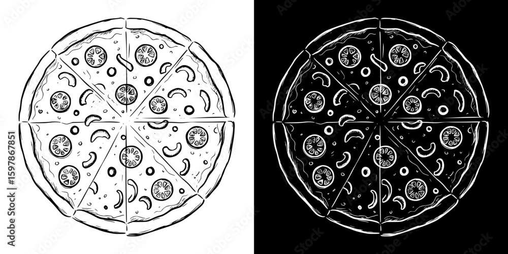 Aufkleber isolated vector image of pizza, hand-drawn image in two design variants - on transparent and black b