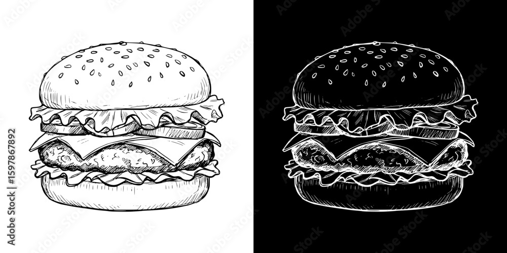 Poster hamburger drawing in chalk style, isolated hand-drawn vector image in two design variants - on trans