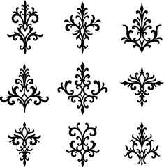 Set of black and white floral ornaments, pattern, vector, design, floral, decoration, ornament, flower, tattoo, art, illustration, element, seamless, vintage, wallpaper, ornate, black, leaf, style, cr
