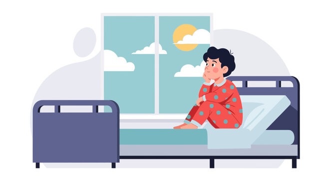 Daydreaming Young Boy In Pajamas Sitting On Bed Looking Out Window - Powered by Adobe