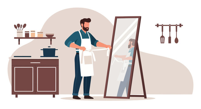 Man Tying Apron String Getting Ready To Cook In The Kitchen At Home