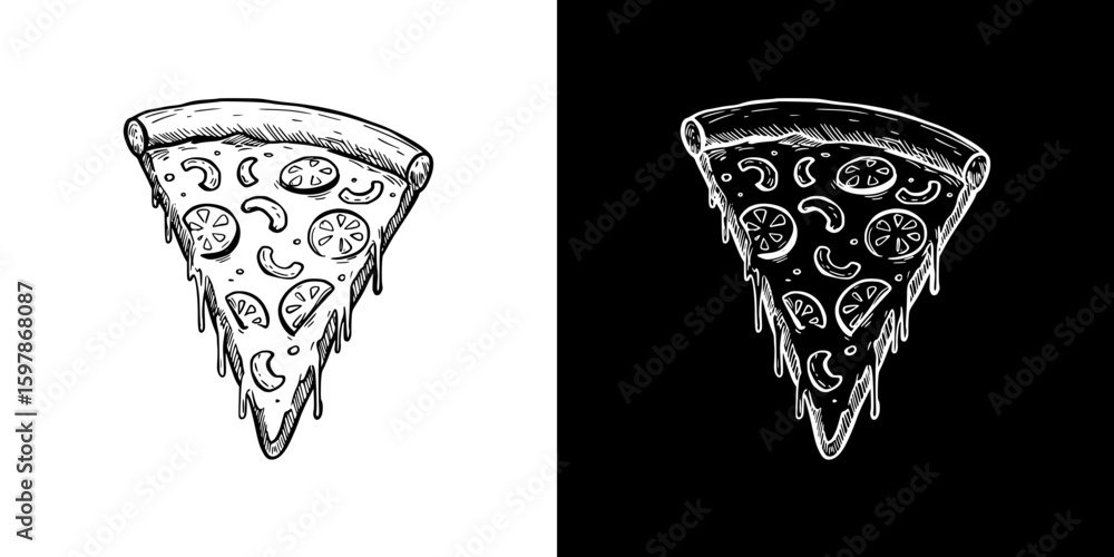 Poster pizza slice, isolated hand-drawn vector image in two design variants - on transparent and black back