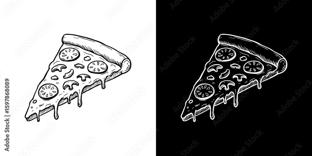 Poster slice of pizza illustration in chalk drawing, isolated hand-drawn vector image in two design variant