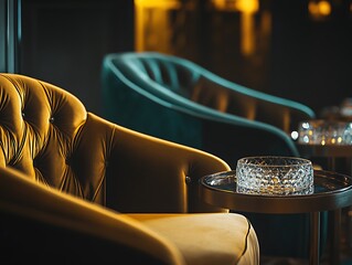 Classic noir jazz club interior with velvet armchairs and glass ashtrays in golden hue