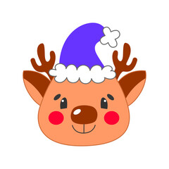 Cute Christmas reindeer in Santa hat – playful and cheerful cartoon vector illustration, perfect for holiday cards, decorations, crafts, and seasonal projects.