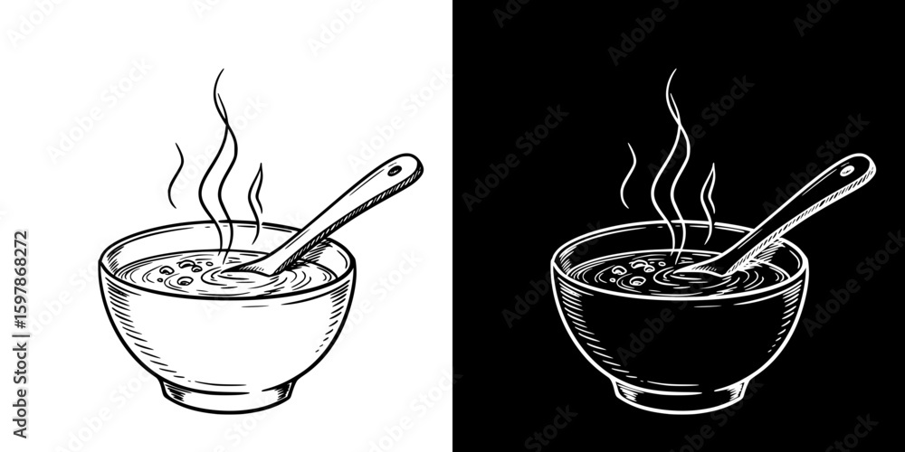 Poster steaming bowl of soup with spoon, isolated hand-drawn vector image in two design variants - on trans