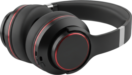 Black over ear headphones with red accent rings and metallic headband detail isolated transparent background