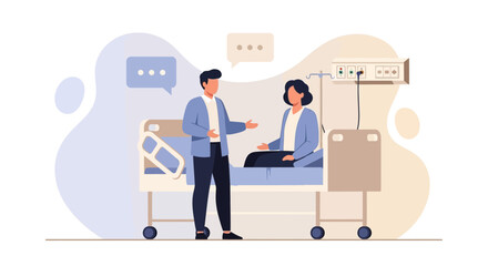 Caring Doctor Visiting Woman Patient In Hospital Bed Having Conversation