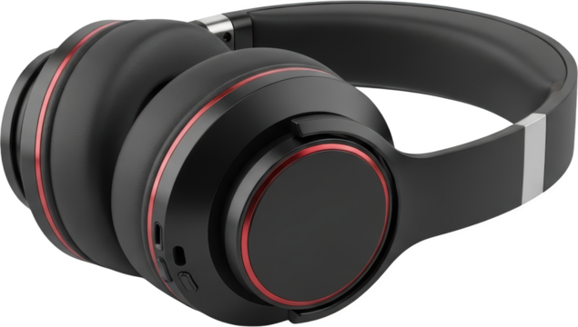 Black over ear headphones with red accent rings and metallic headband detail isolated transparent background