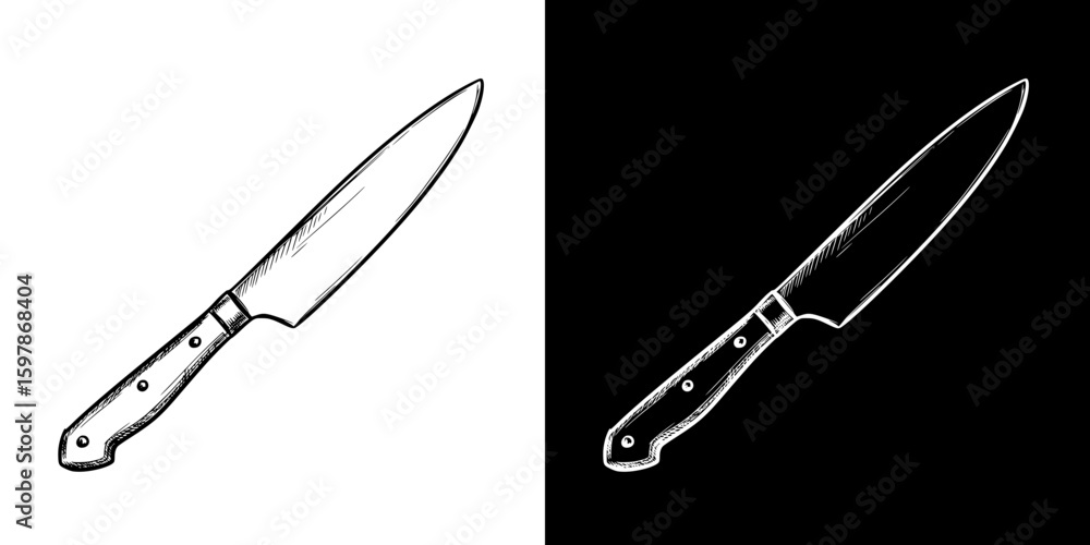 Poster isolated vector image of a knife, hand-drawn image in two design variants - on transparent and black