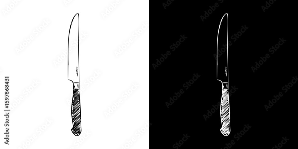 Poster isolated vector image of a knife in chalk drawing style, two design variants - on transparent and bl