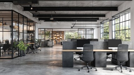 Open plan office space with modern furniture.