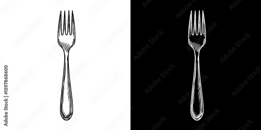 Poster fork, isolated hand-drawn vector image in two design variants - on transparent and black background,