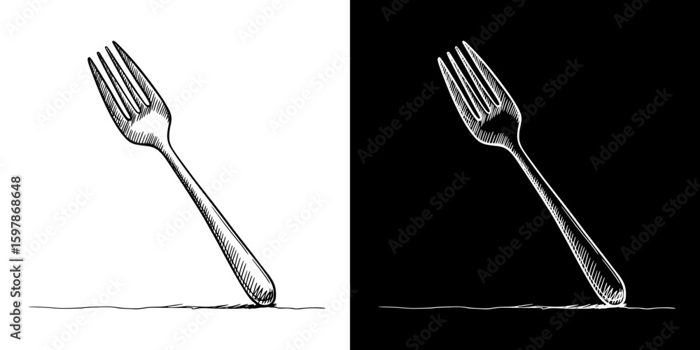 Poster fork, isolated hand-drawn vector image in two design variants - on transparent and black background,