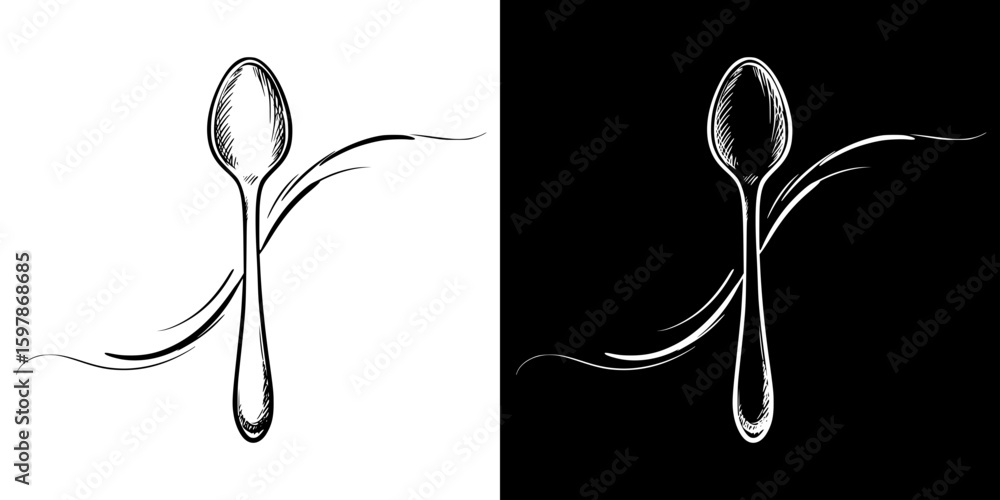 Poster spoon with decorative lines, isolated hand-drawn vector image in two design variants - on transparen